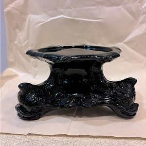 Antique 1928 Tiffin Fish Bowl Stand Black Glass Resin with Dolphin Detailing